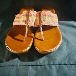 Brown Leather Thong Sandals with Pink Woven Strap